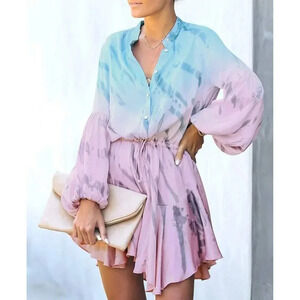 Clarisbelle Womens Long Sleeve Button Up Tie Waist Chiffon Dress Tie Dye Sz XL